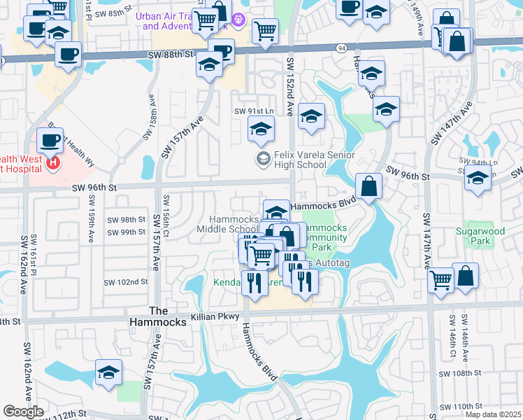 map of restaurants, bars, coffee shops, grocery stores, and more near 9864 Hammocks Boulevard in Miami