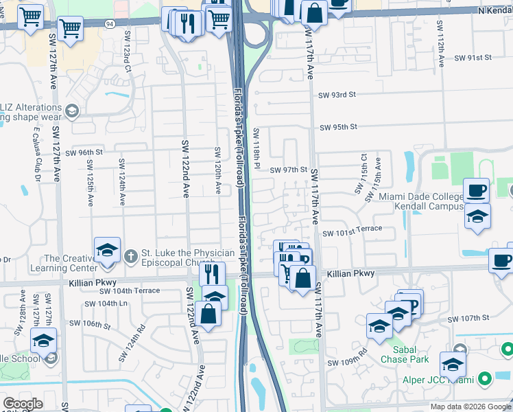 map of restaurants, bars, coffee shops, grocery stores, and more near 11858 Southwest 99th Street in Miami