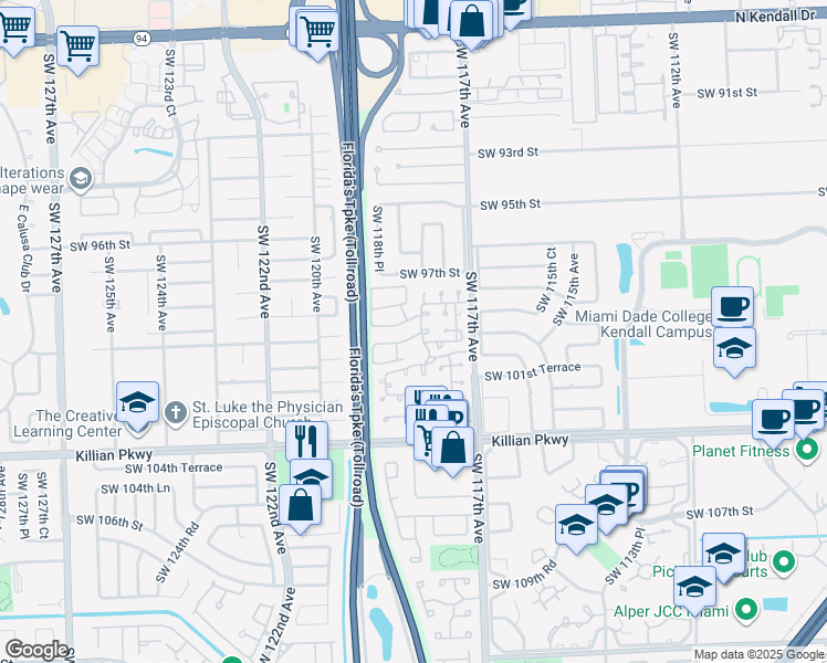 map of restaurants, bars, coffee shops, grocery stores, and more near 11807 Southwest 99th Lane in Miami