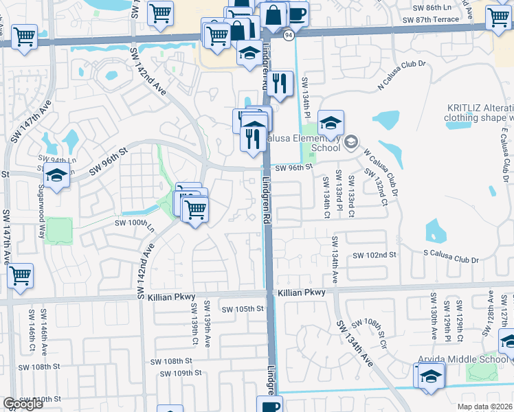 map of restaurants, bars, coffee shops, grocery stores, and more near 9900 Southwest 136th Court in Miami