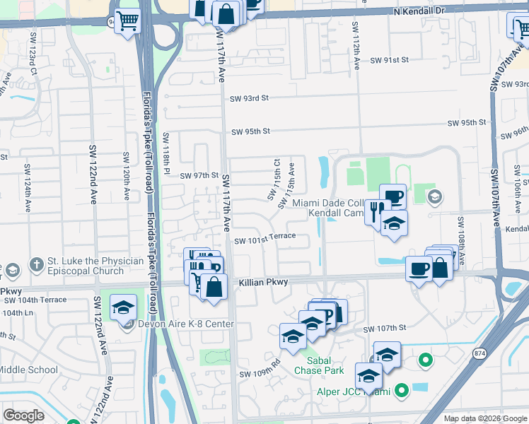 map of restaurants, bars, coffee shops, grocery stores, and more near 11511 Southwest 100th Street in Miami