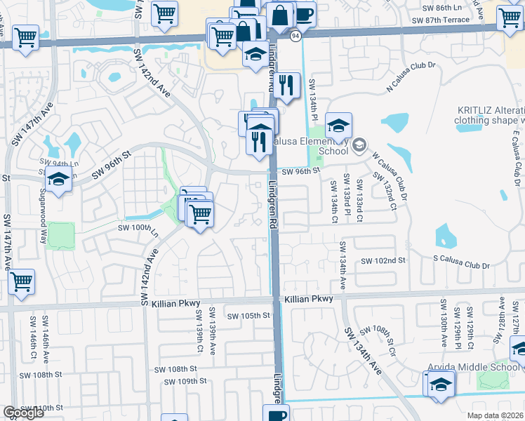 map of restaurants, bars, coffee shops, grocery stores, and more near 9900 Southwest 136th Court in Miami