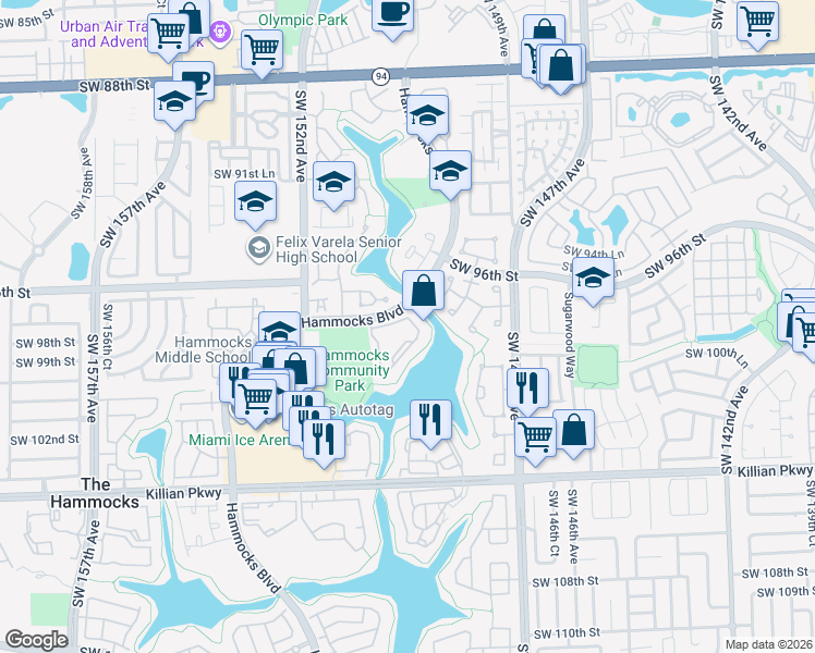 map of restaurants, bars, coffee shops, grocery stores, and more near 9703 Hammocks Boulevard in Miami
