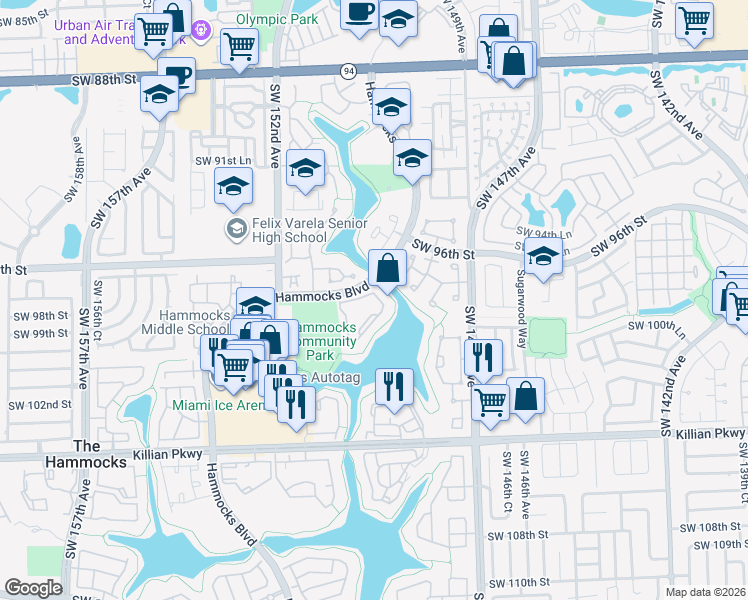 map of restaurants, bars, coffee shops, grocery stores, and more near 9703 Hammocks Boulevard in Miami