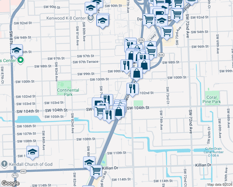 map of restaurants, bars, coffee shops, grocery stores, and more near 10202 Southwest 77th Court in Miami