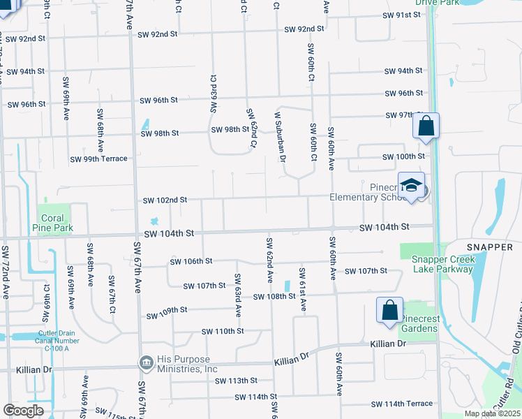 map of restaurants, bars, coffee shops, grocery stores, and more near 10250 Southwest 62nd Avenue in Miami