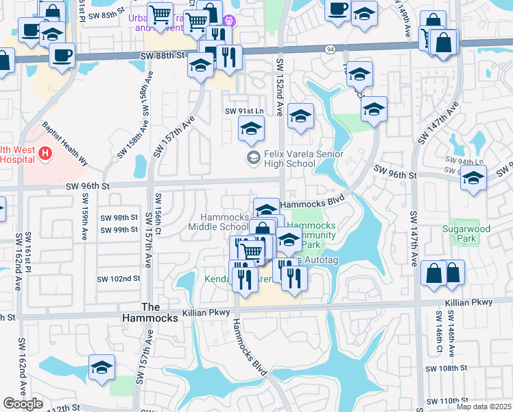map of restaurants, bars, coffee shops, grocery stores, and more near 9765-9865 Hammocks Boulevard in Miami