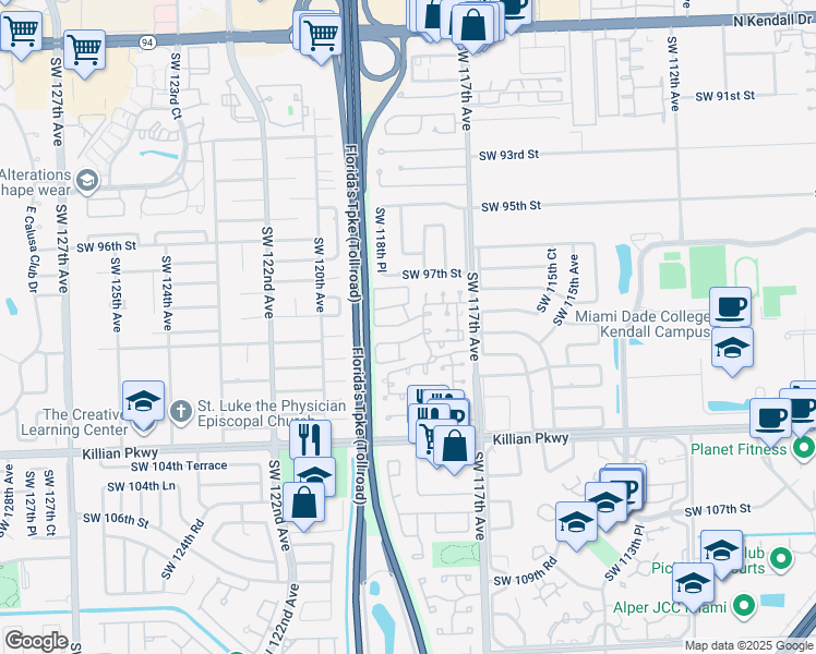 map of restaurants, bars, coffee shops, grocery stores, and more near 11807 Southwest 99th Lane in Miami