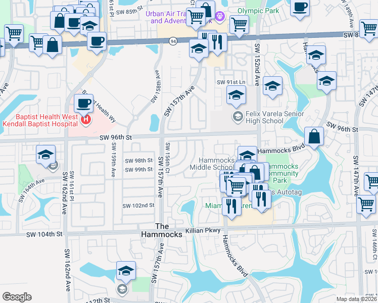 map of restaurants, bars, coffee shops, grocery stores, and more near 9819 Southwest 154th Place in Miami
