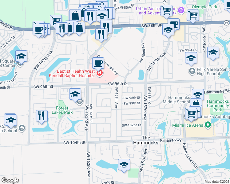 map of restaurants, bars, coffee shops, grocery stores, and more near 9700 Southwest 159th Avenue in Miami