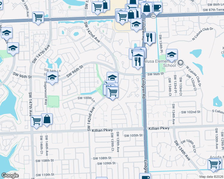 map of restaurants, bars, coffee shops, grocery stores, and more near 9939 Southwest 142nd Avenue in Miami