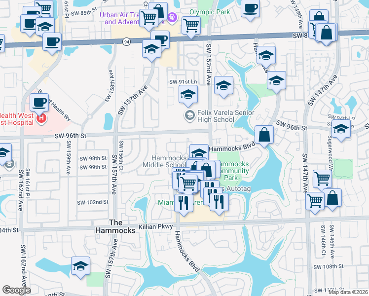 map of restaurants, bars, coffee shops, grocery stores, and more near 9864 Hammocks Boulevard in Miami