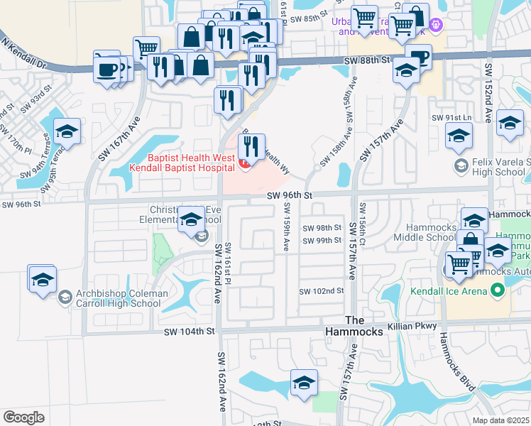 map of restaurants, bars, coffee shops, grocery stores, and more near 9719 Southwest 159th Court in Miami