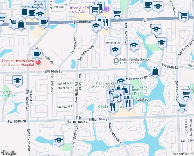 map of restaurants, bars, coffee shops, grocery stores, and more near 9736 Southwest 154th Court in Miami