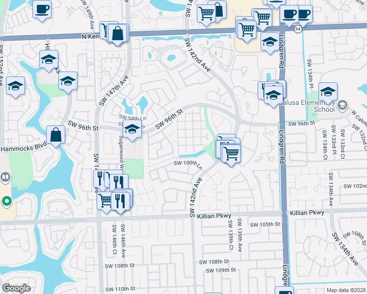 map of restaurants, bars, coffee shops, grocery stores, and more near 14396 Southwest 98th Terrace in Miami