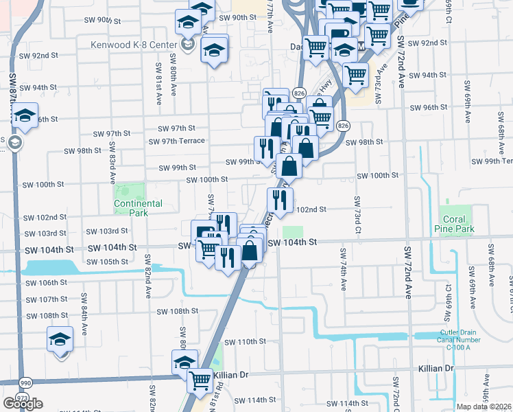 map of restaurants, bars, coffee shops, grocery stores, and more near 10231 Southwest 77th Court in Miami