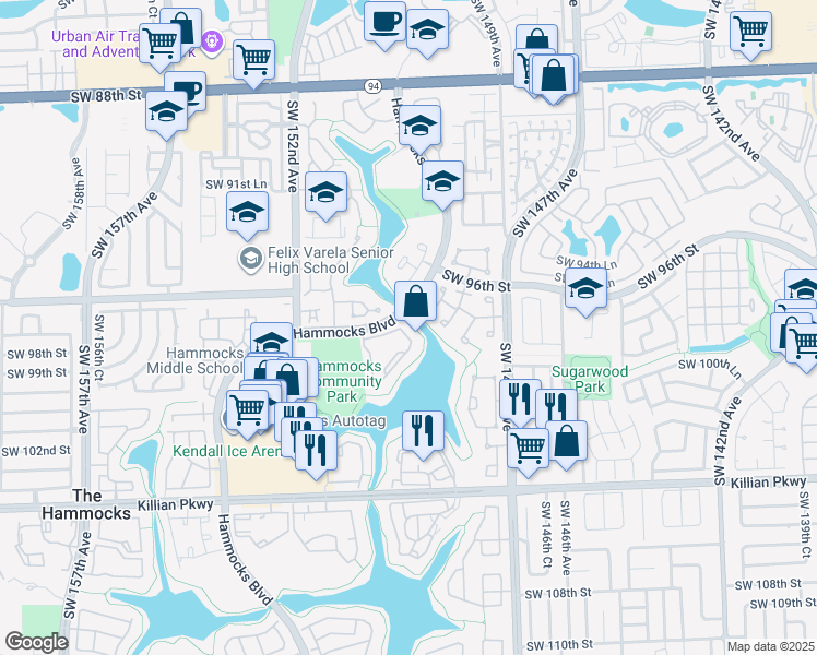 map of restaurants, bars, coffee shops, grocery stores, and more near 9717 Hammocks Boulevard in Miami