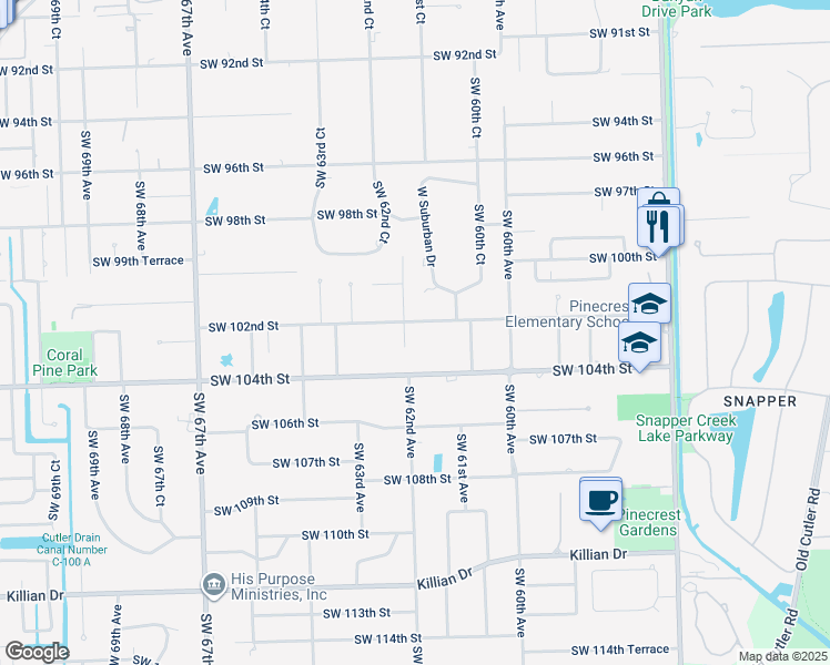 map of restaurants, bars, coffee shops, grocery stores, and more near 10250 Southwest 62nd Avenue in Miami