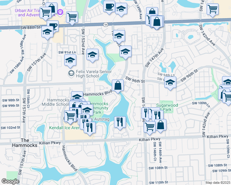 map of restaurants, bars, coffee shops, grocery stores, and more near 9707 Hammocks Boulevard in Miami