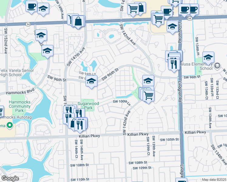 map of restaurants, bars, coffee shops, grocery stores, and more near 14396 Southwest 98th Terrace in Miami