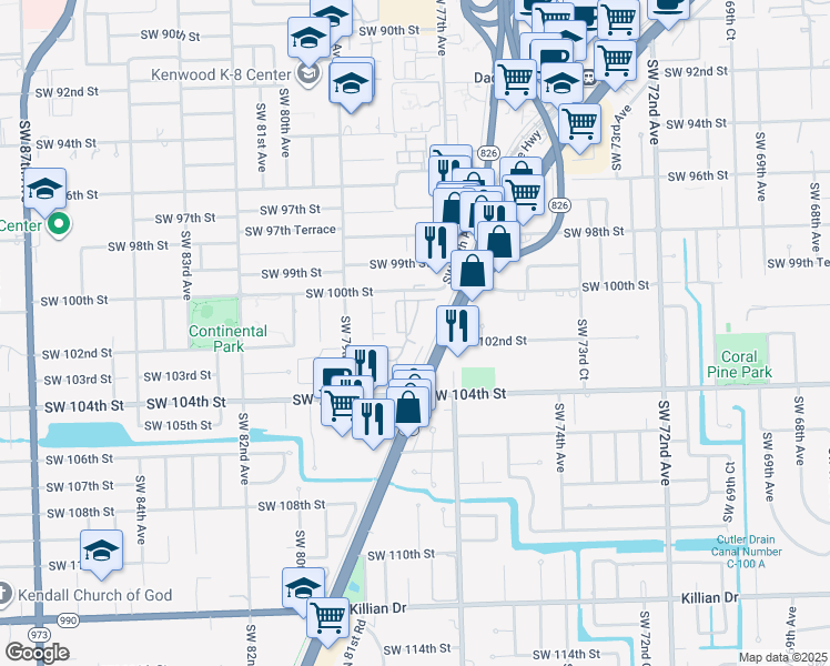map of restaurants, bars, coffee shops, grocery stores, and more near 10231 Southwest 77th Court in Miami