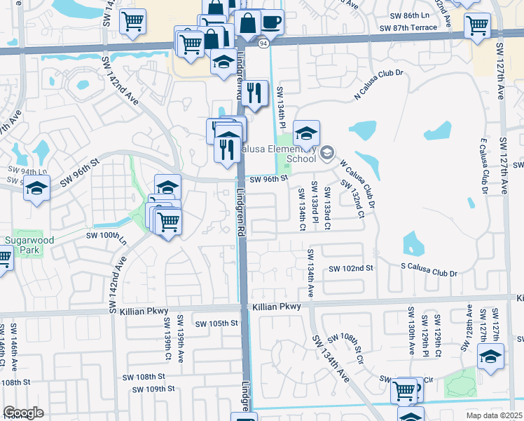 map of restaurants, bars, coffee shops, grocery stores, and more near 13590 Southwest 98th Street in Miami