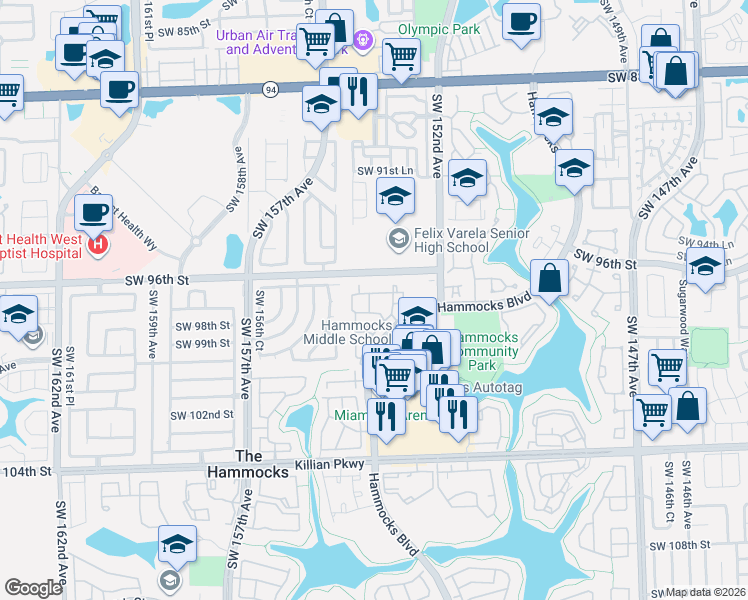 map of restaurants, bars, coffee shops, grocery stores, and more near 9864 Hammocks Boulevard in Miami