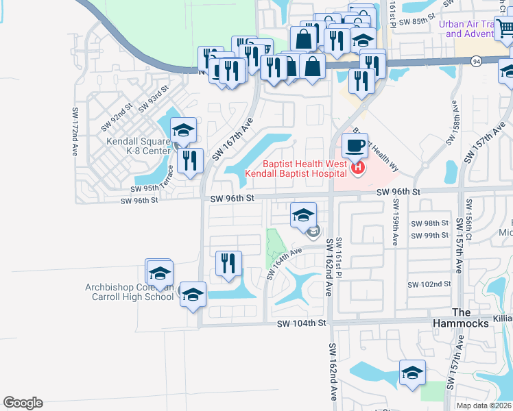 map of restaurants, bars, coffee shops, grocery stores, and more near 9710 Southwest 164th Avenue in Miami