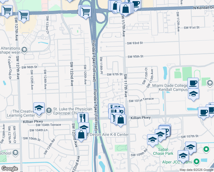 map of restaurants, bars, coffee shops, grocery stores, and more near 11807 Southwest 99th Lane in Miami