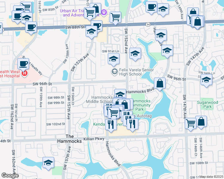 map of restaurants, bars, coffee shops, grocery stores, and more near 9864 Hammocks Boulevard in Miami