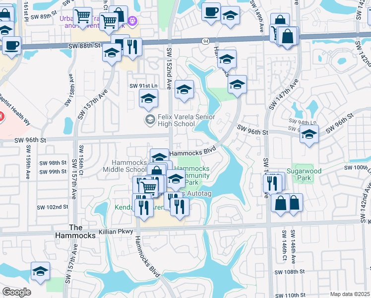 map of restaurants, bars, coffee shops, grocery stores, and more near Hammocks Boulevard in Miami