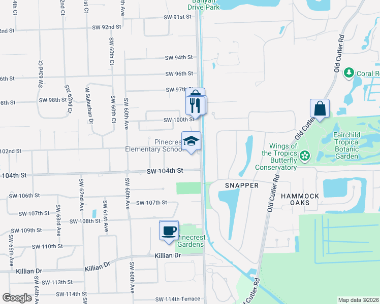 map of restaurants, bars, coffee shops, grocery stores, and more near 10250 Southwest 57th Avenue in Miami