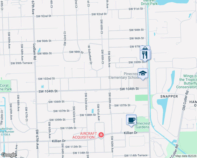 map of restaurants, bars, coffee shops, grocery stores, and more near 10301 Southwest 60th Place in Miami