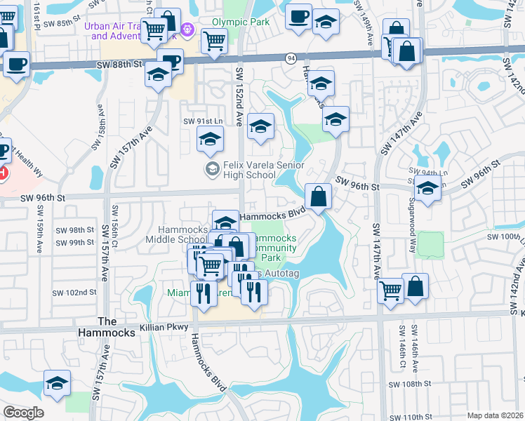 map of restaurants, bars, coffee shops, grocery stores, and more near Hammocks Boulevard in Miami