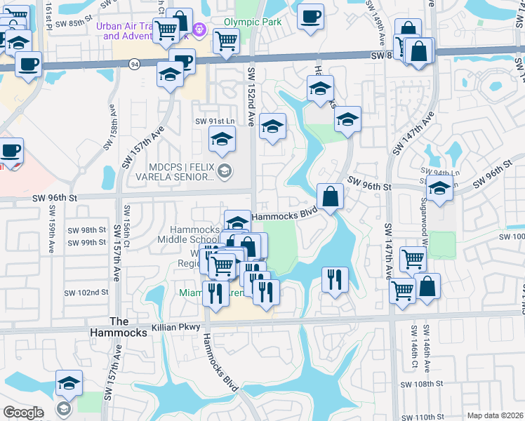 map of restaurants, bars, coffee shops, grocery stores, and more near Hammocks Boulevard in Miami