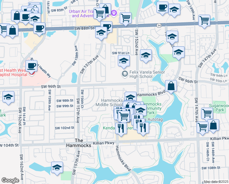 map of restaurants, bars, coffee shops, grocery stores, and more near 15420 Southwest 98th Street in Miami