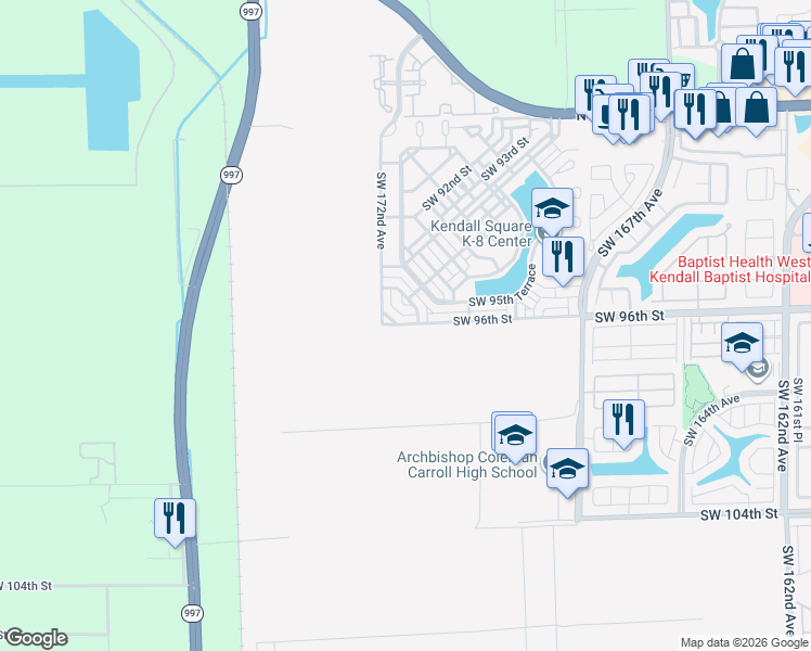 map of restaurants, bars, coffee shops, grocery stores, and more near 9563 Southwest 171st Place in The Hammocks