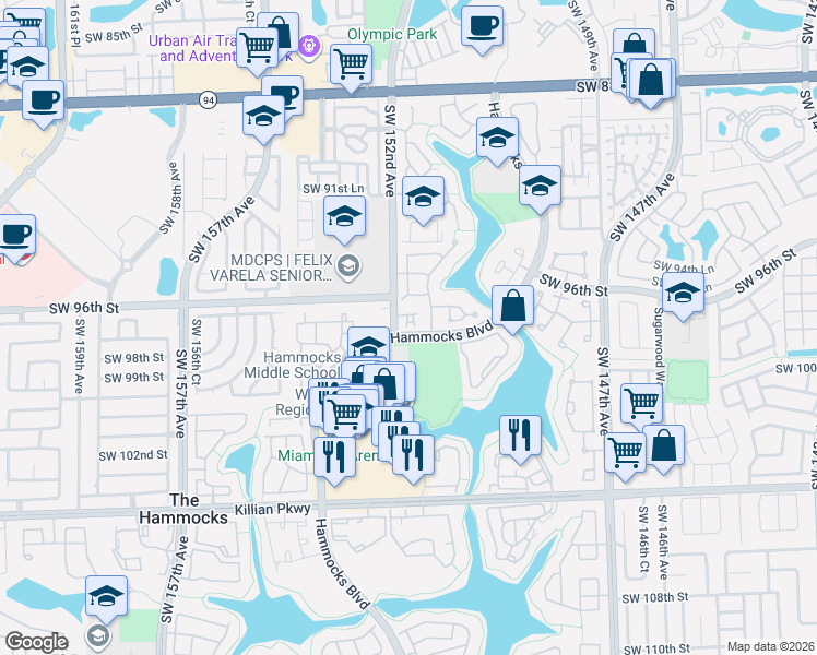 map of restaurants, bars, coffee shops, grocery stores, and more near Hammocks Boulevard in Miami