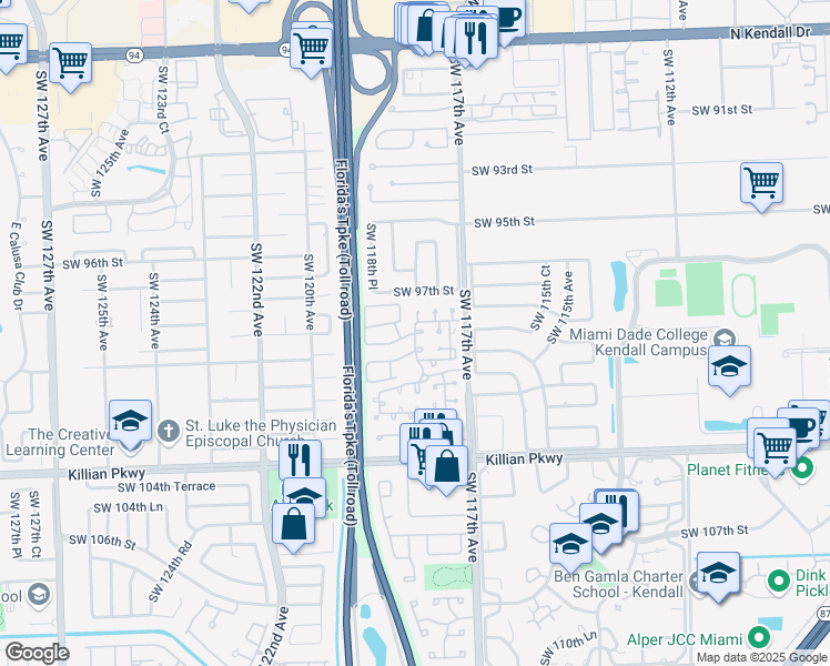 map of restaurants, bars, coffee shops, grocery stores, and more near 10437 Southwest 118th Avenue in Miami