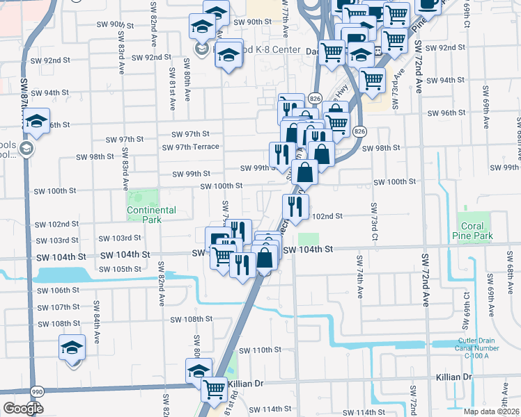 map of restaurants, bars, coffee shops, grocery stores, and more near 10231 Southwest 77th Court in Miami