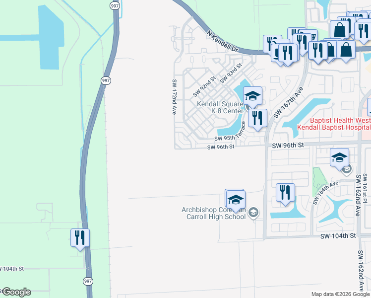map of restaurants, bars, coffee shops, grocery stores, and more near 9563 Southwest 171st Place in The Hammocks