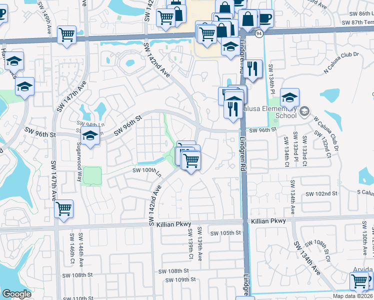map of restaurants, bars, coffee shops, grocery stores, and more near 9645 Southwest 142nd Court in Miami