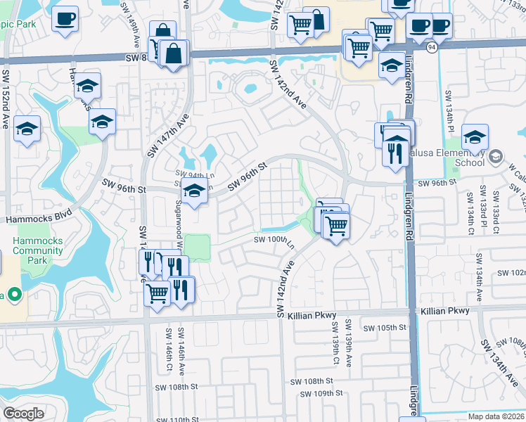 map of restaurants, bars, coffee shops, grocery stores, and more near 14387 Southwest 97th Lane in Miami