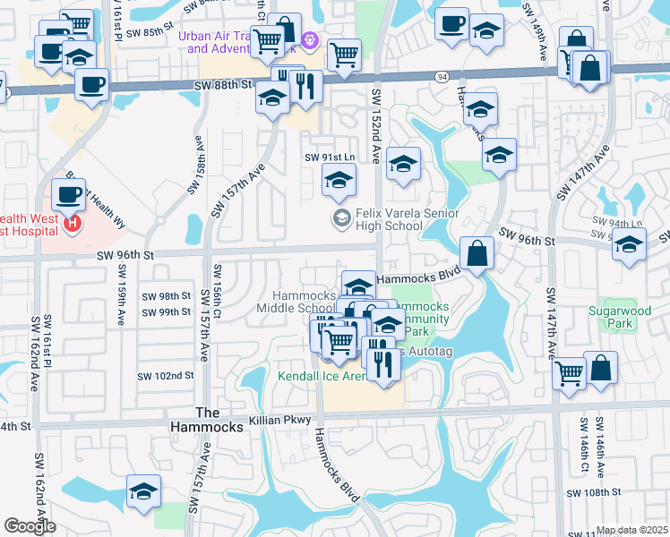 map of restaurants, bars, coffee shops, grocery stores, and more near 9704 Hammocks Boulevard in Miami