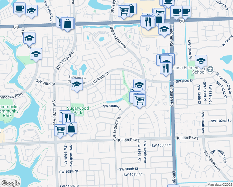 map of restaurants, bars, coffee shops, grocery stores, and more near 14337 Southwest 97th Lane in Miami