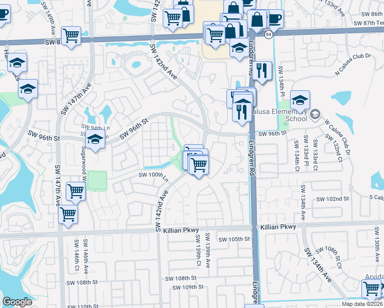 map of restaurants, bars, coffee shops, grocery stores, and more near 9645 Southwest 142nd Court in Miami