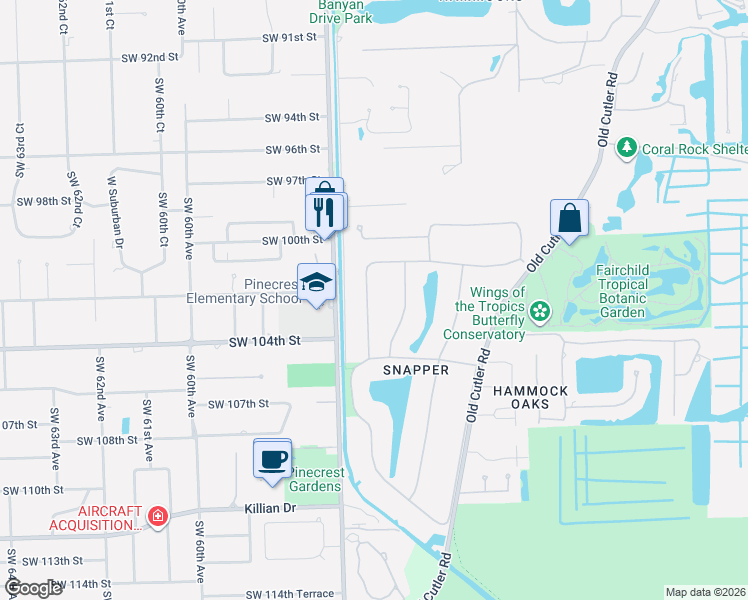 map of restaurants, bars, coffee shops, grocery stores, and more near 10225 Coral Creek Road in Coral Gables