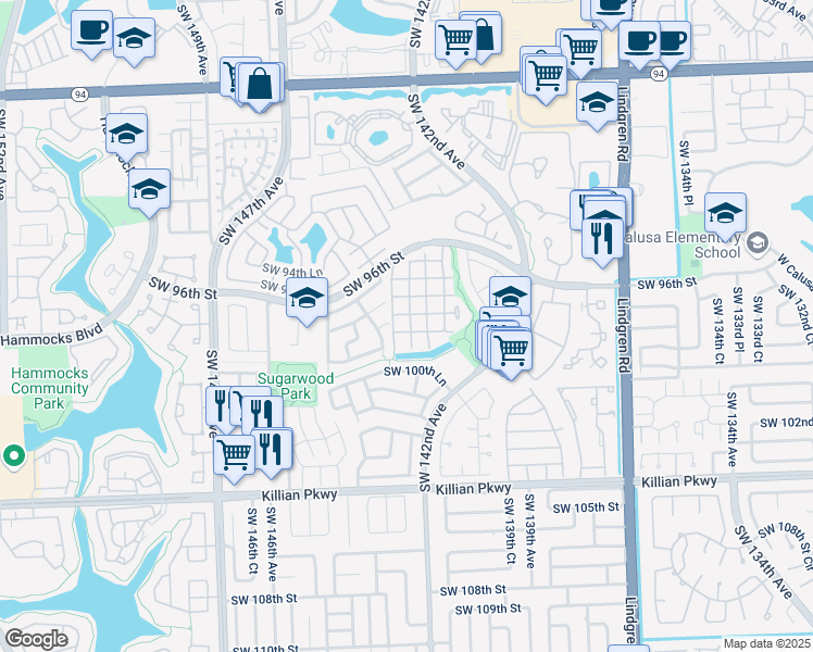 map of restaurants, bars, coffee shops, grocery stores, and more near 14371 Southwest 98th Terrace in Miami