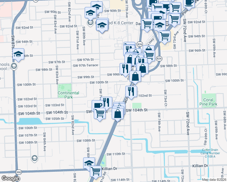 map of restaurants, bars, coffee shops, grocery stores, and more near 10047 Southwest 77th Court in Miami