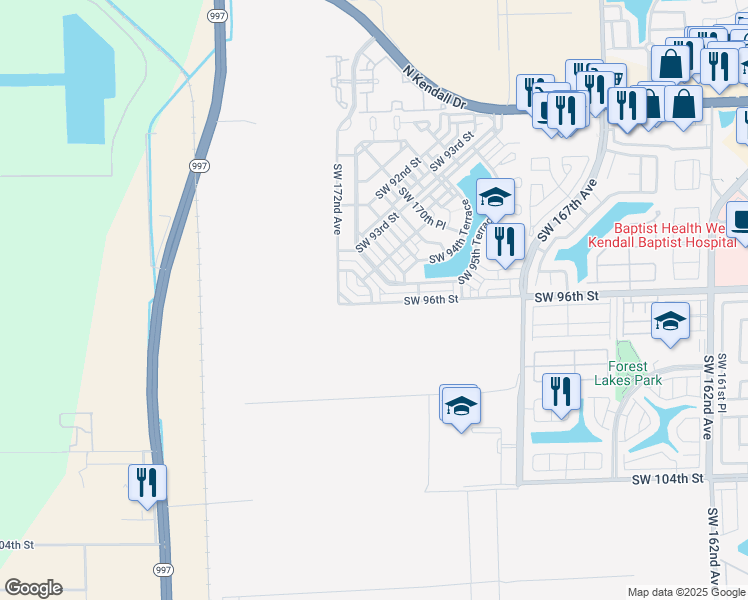 map of restaurants, bars, coffee shops, grocery stores, and more near 9563 Southwest 171st Place in The Hammocks